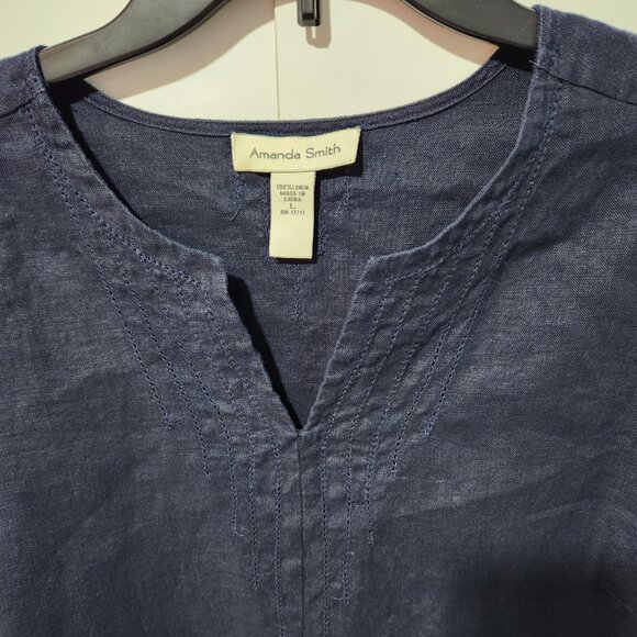 Amanda Smith Navy Blue V-Neck 3/4 Sleeve 100% Linen Blouse Top Tunic Large - Picture 3 of 7